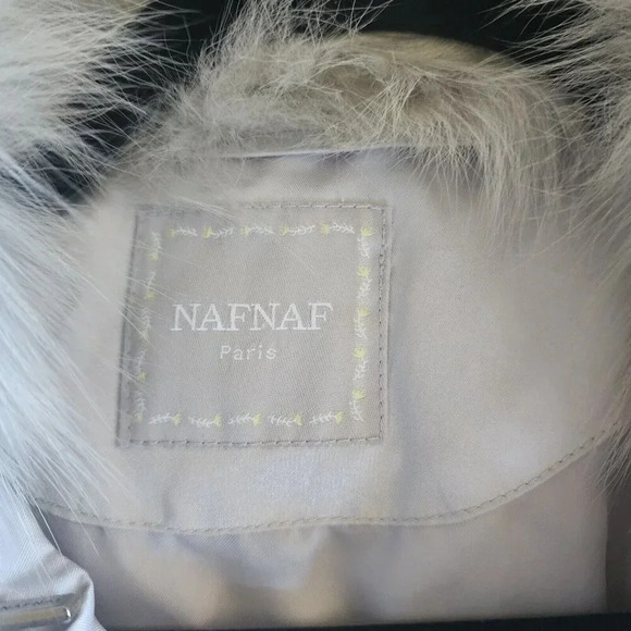 Naf Naf Silver Snap Front Zip Jacket Real Fur Detachable Packable Hood Small - Picture 3 of 12